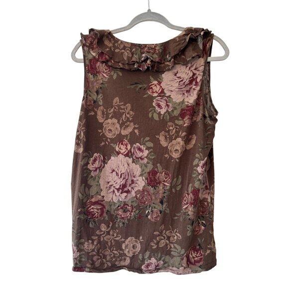 Lauren Ralph Lauren Floral Ruffle Sleeveless Top 1X Cotton Brown & Pink - Picture 3 of 12